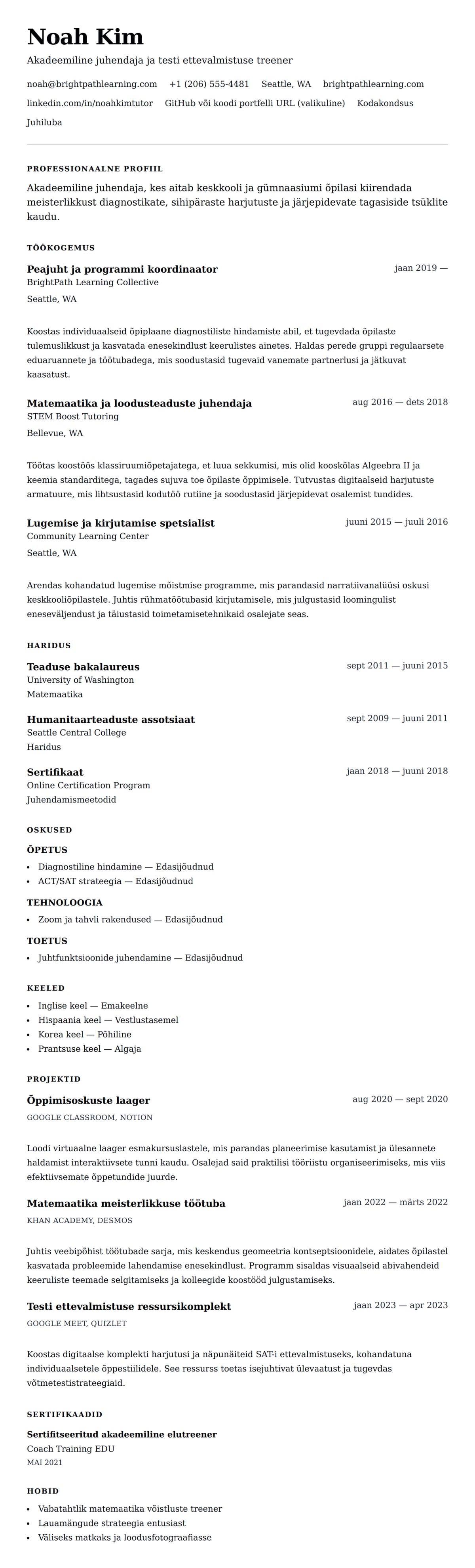 CV eelvaade Juhendaja CV näide jaoks