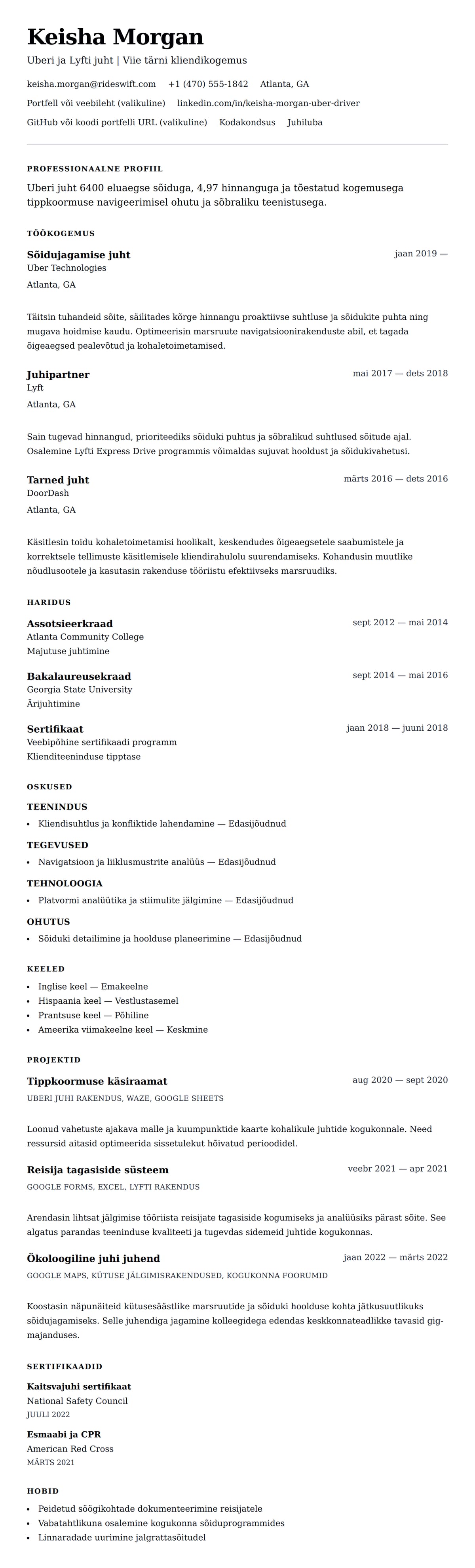 CV eelvaade Uberi juhi CV näidis jaoks
