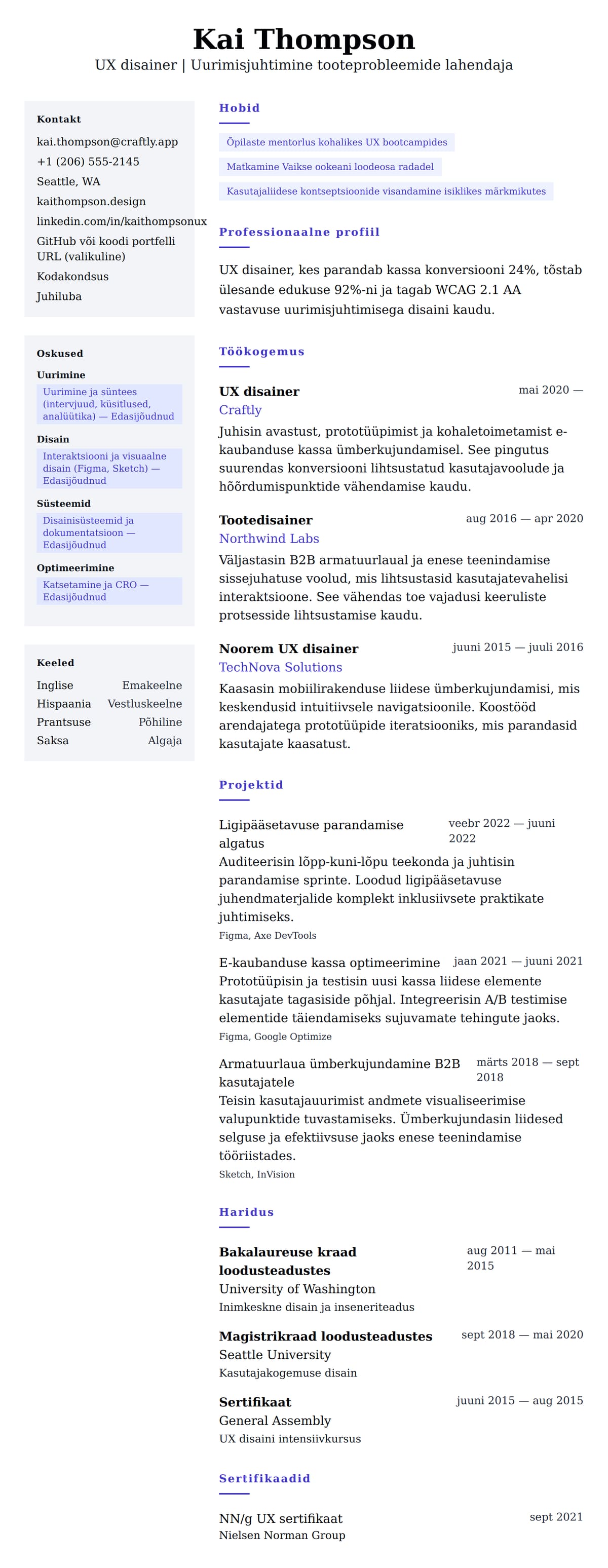 CV eelvaade UX disaineri CV näide jaoks