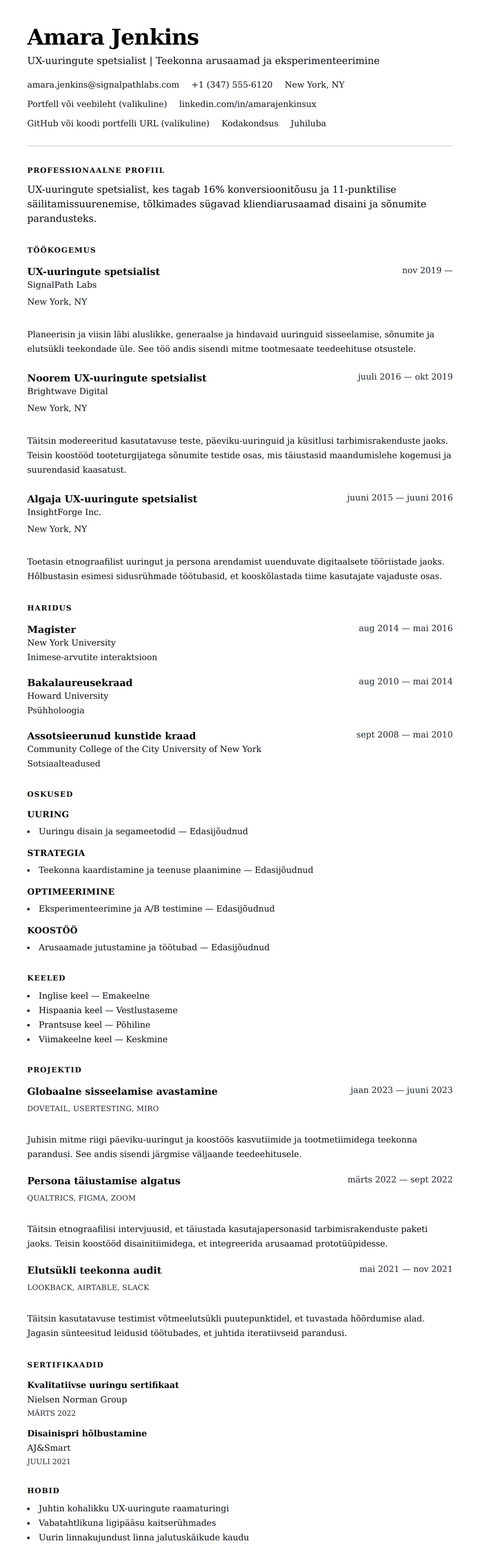 CV eelvaade UX-uuringute spetsialisti CV näidis jaoks