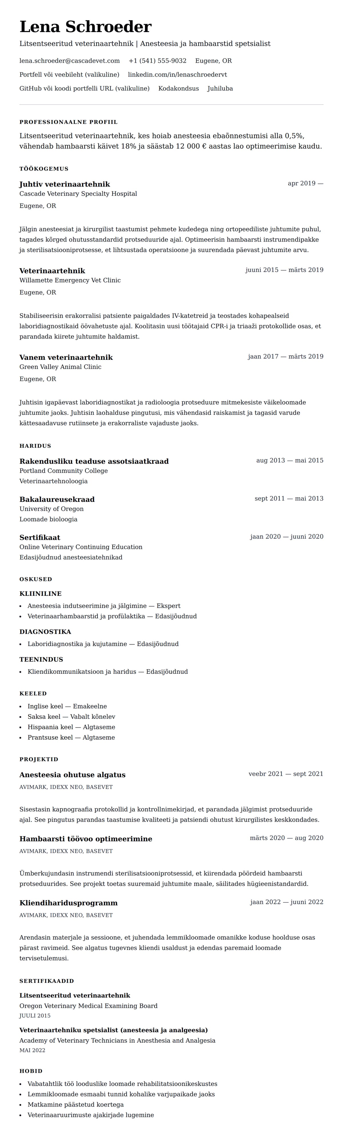 CV eelvaade Veterinaartehniku CV näide jaoks
