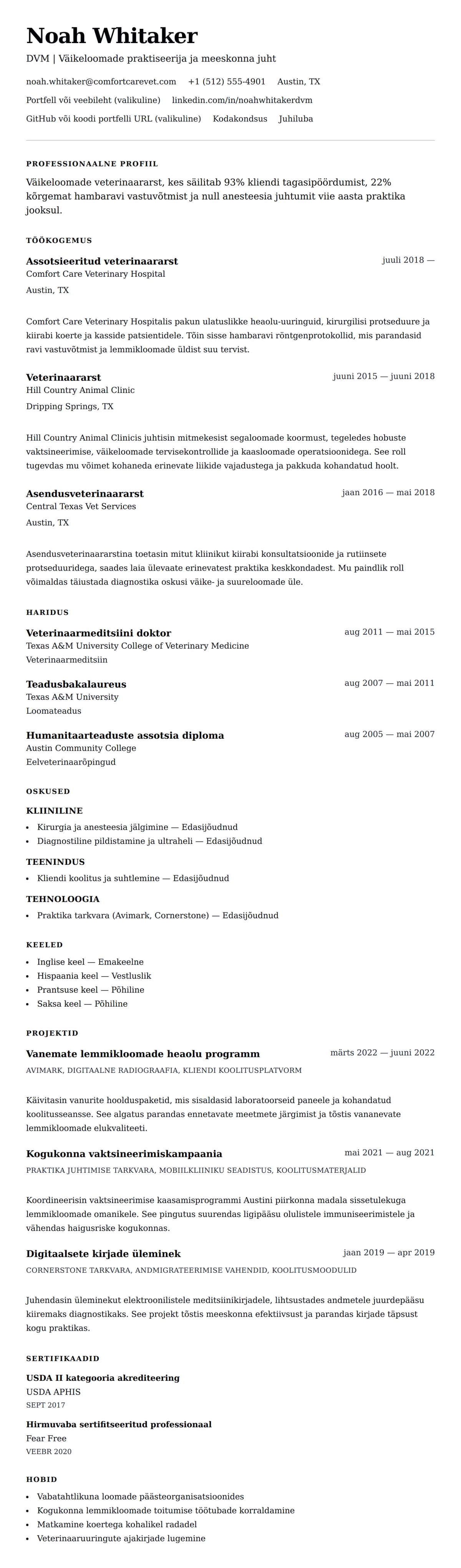 CV eelvaade Veterinaararsti CV näide jaoks