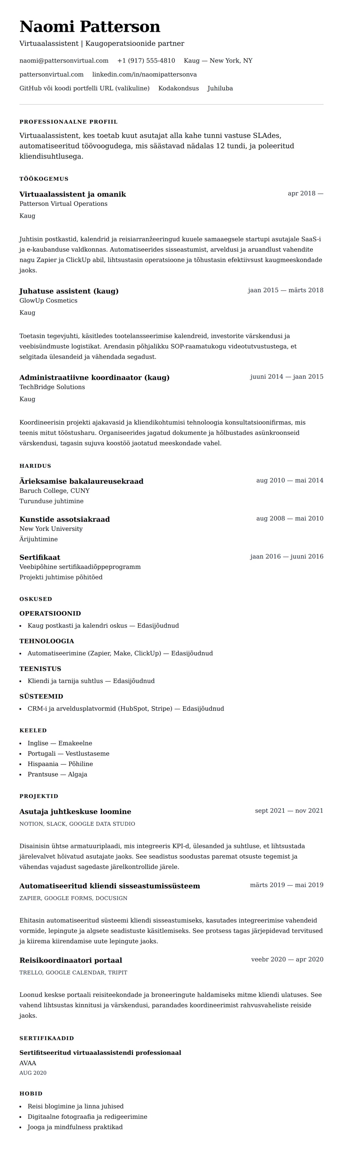 CV eelvaade Virtuaalassistendi CV näide jaoks