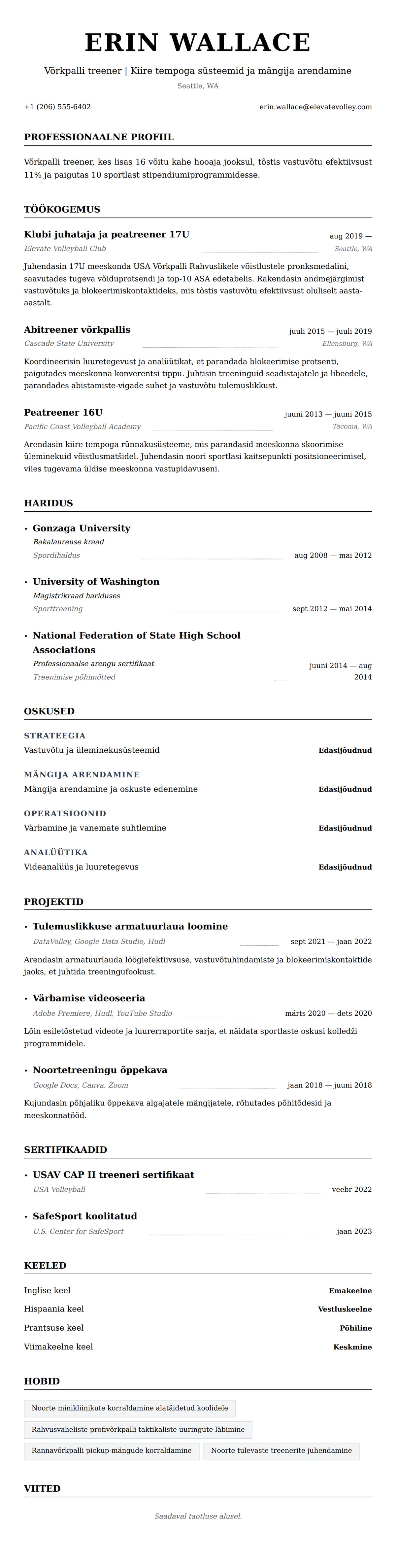 CV eelvaade Võrkpalli treeneri CV näidis jaoks