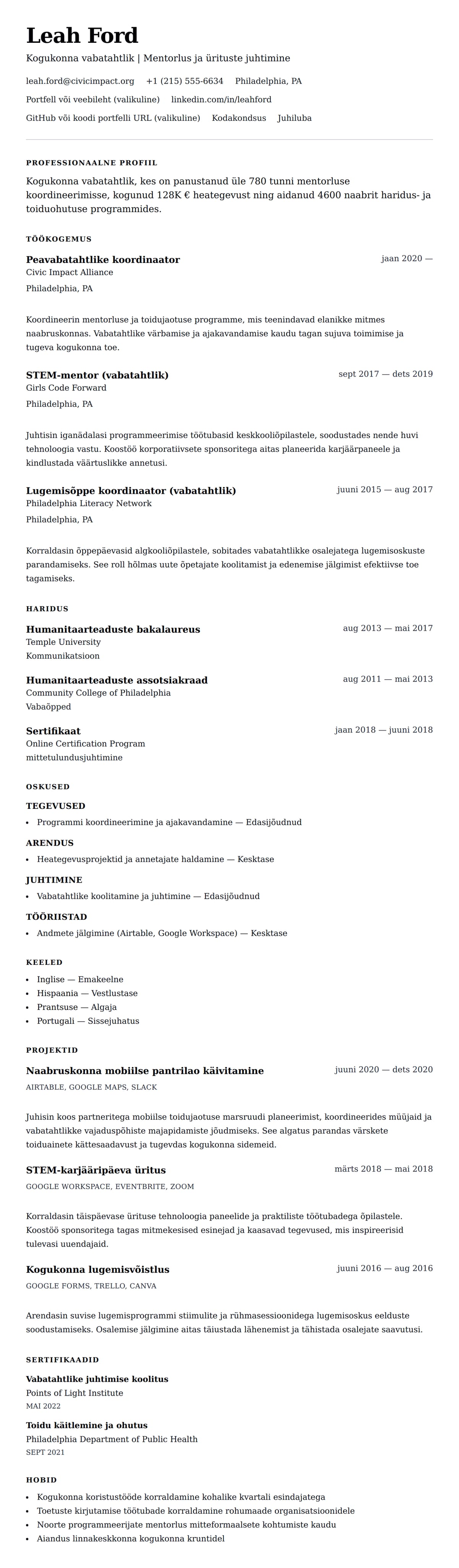 CV eelvaade Vabatahtliku elulookirja näide jaoks