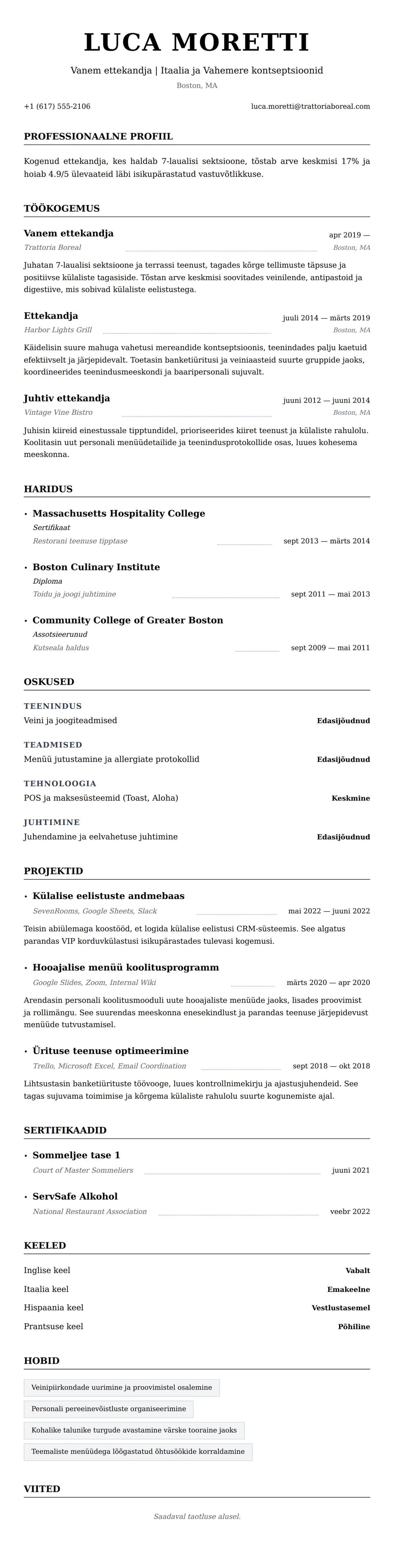 CV eelvaade Ettekandja CV näidis jaoks