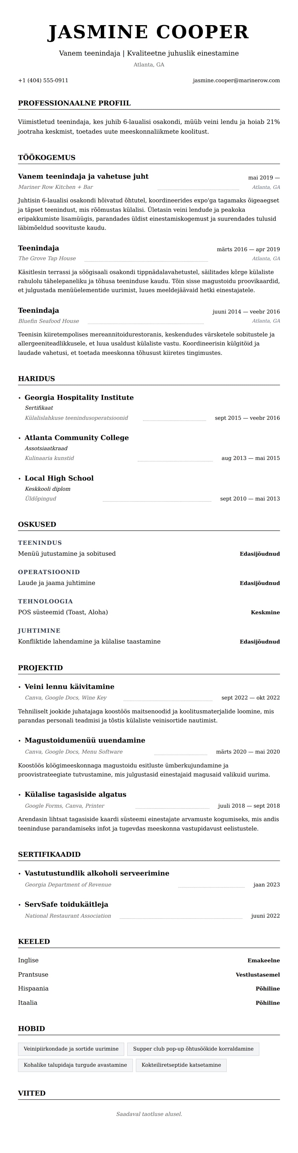 CV eelvaade Teenindaja CV näide jaoks
