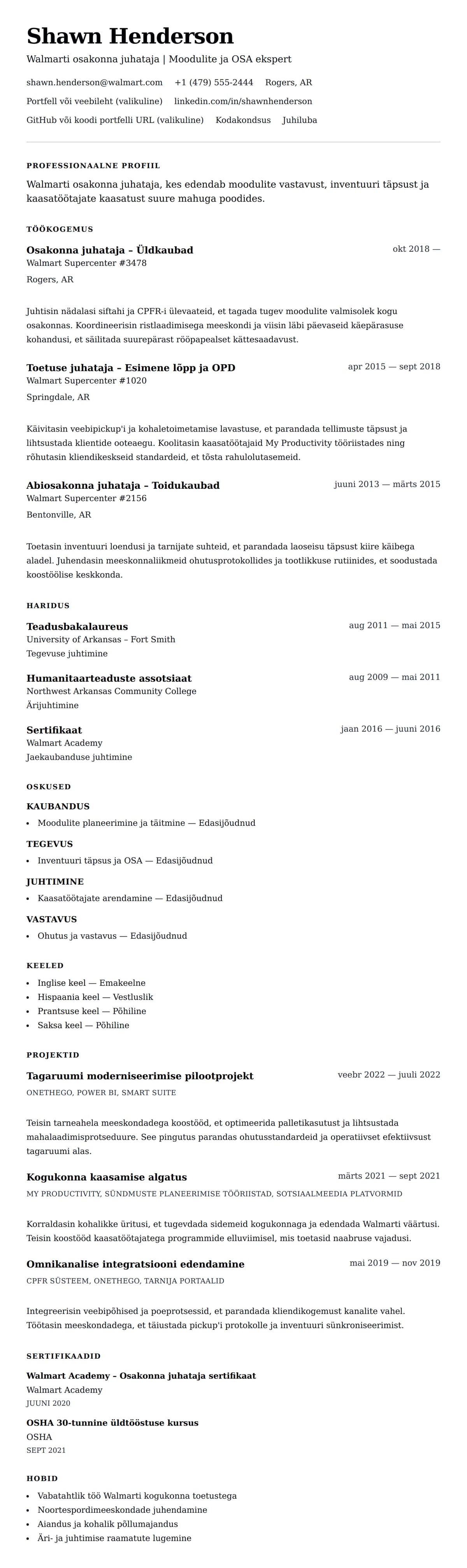 CV eelvaade Walmarti osakonna juhataja CV näide jaoks