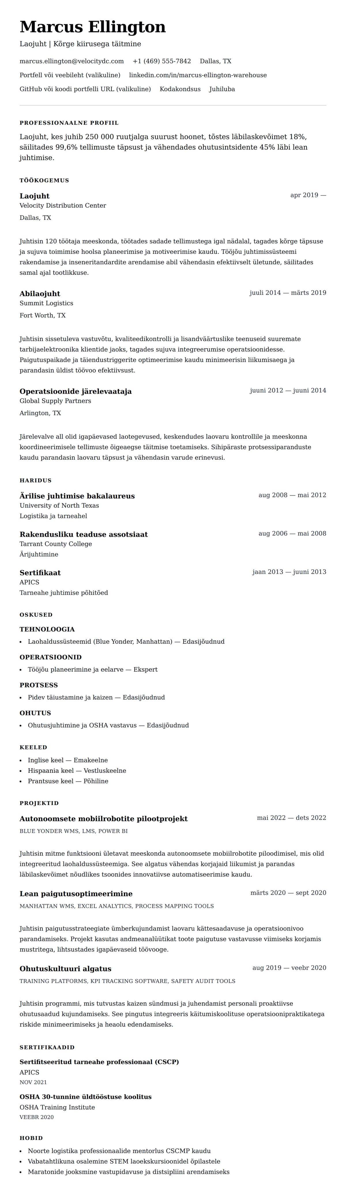 CV eelvaade Laojuhi CV näide jaoks