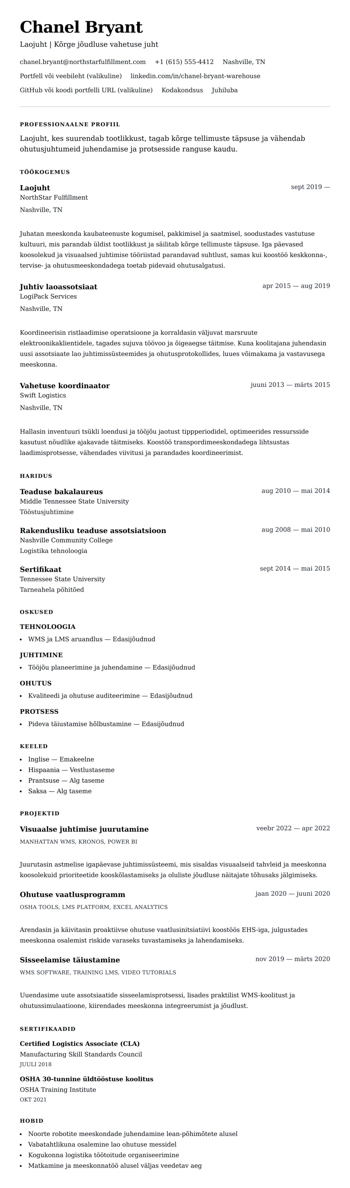 CV eelvaade Laojuht CV näidis jaoks