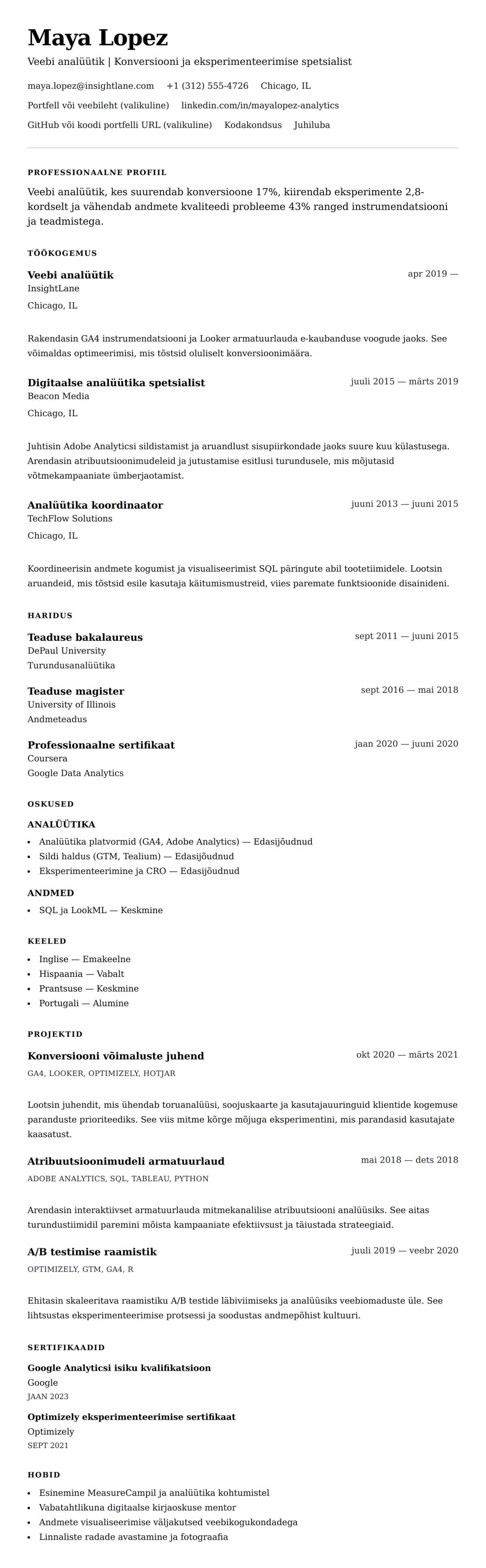 CV eelvaade Veebi analüütiku CV näidis jaoks