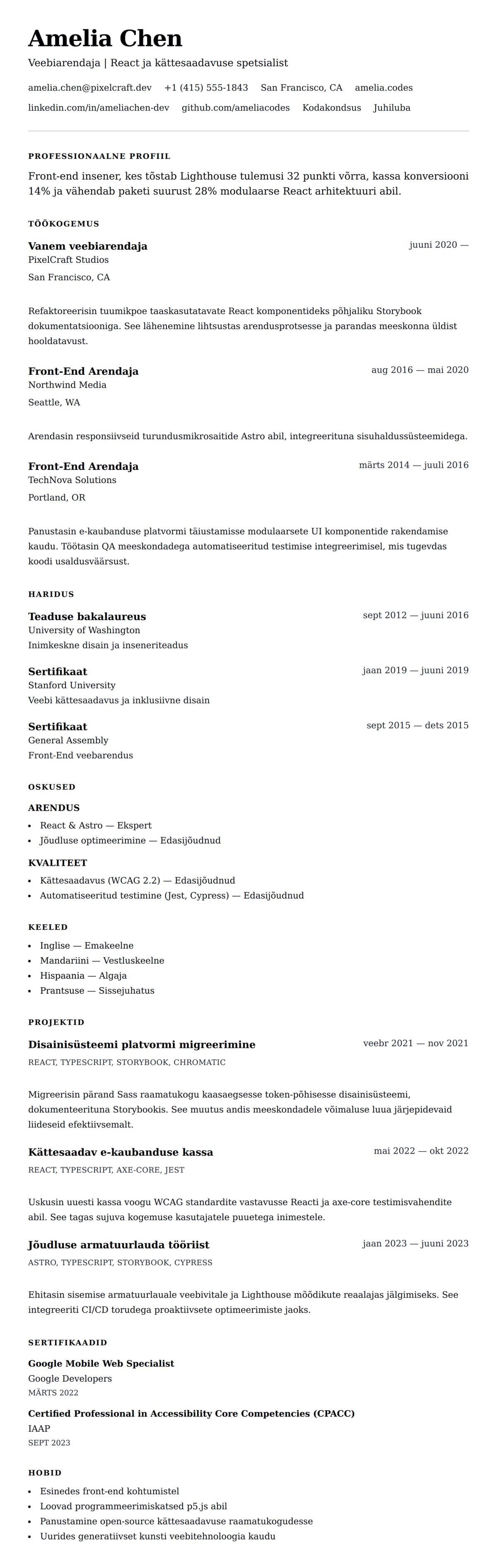 CV eelvaade Veebiarendaja CV näide jaoks