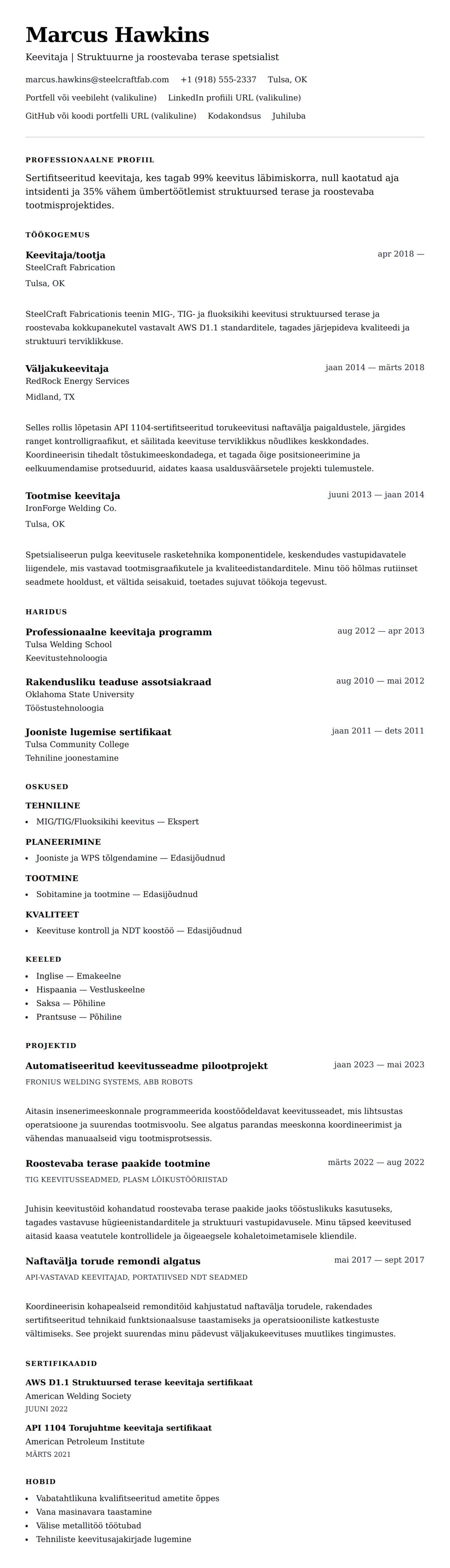 CV eelvaade Keevitaja CV näide jaoks