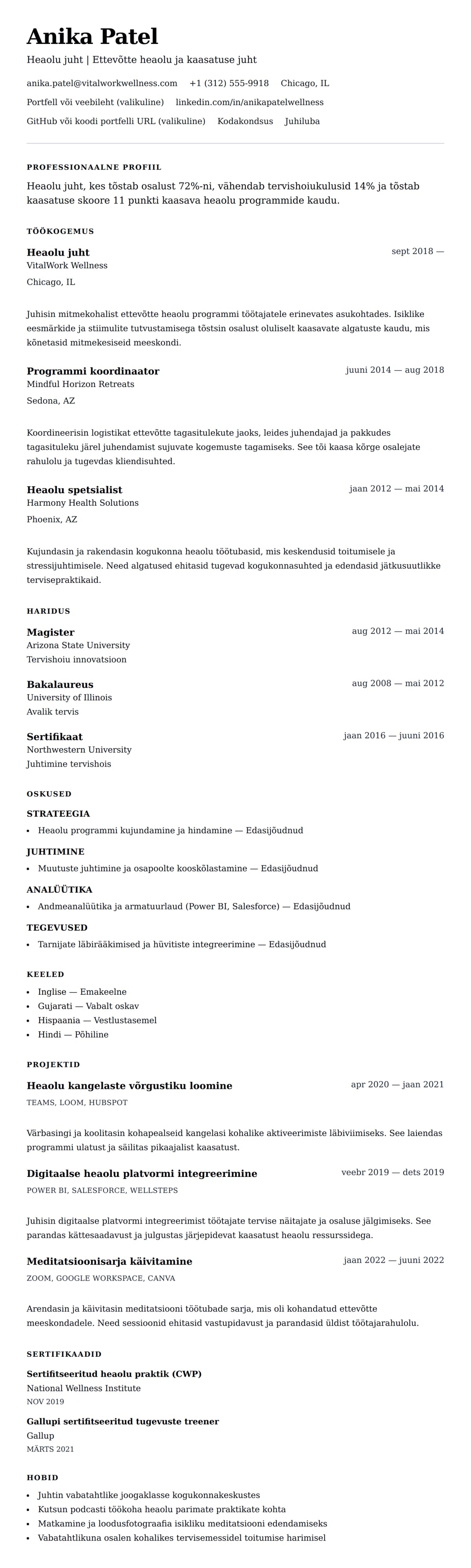 CV eelvaade Heaolu juhi CV näidis jaoks