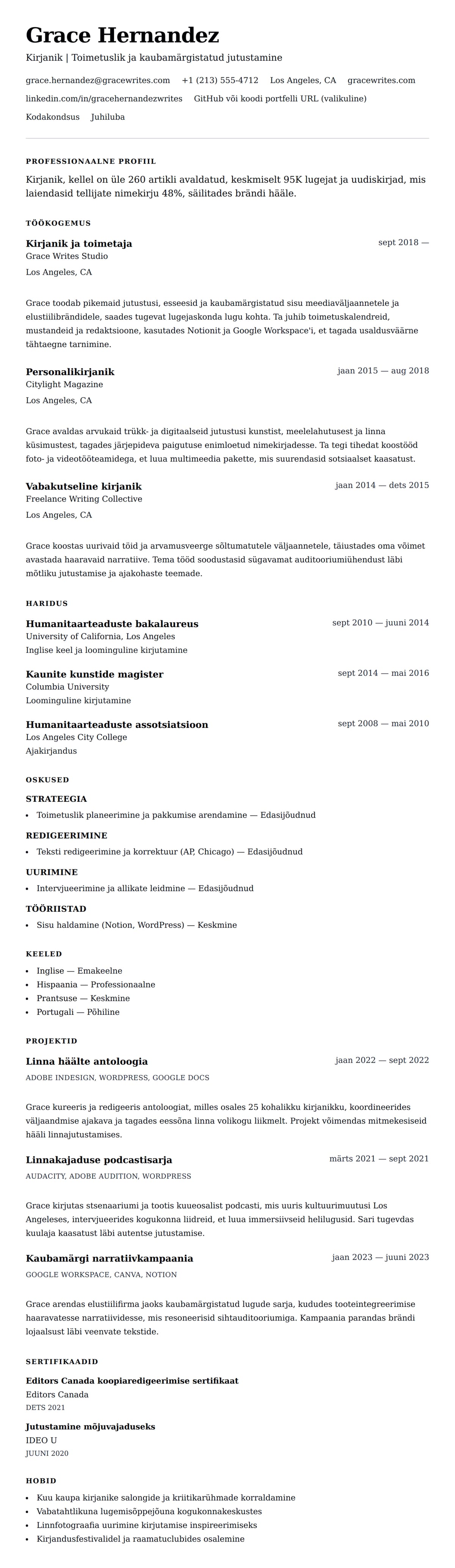 CV eelvaade Kirjaniku CV näide jaoks