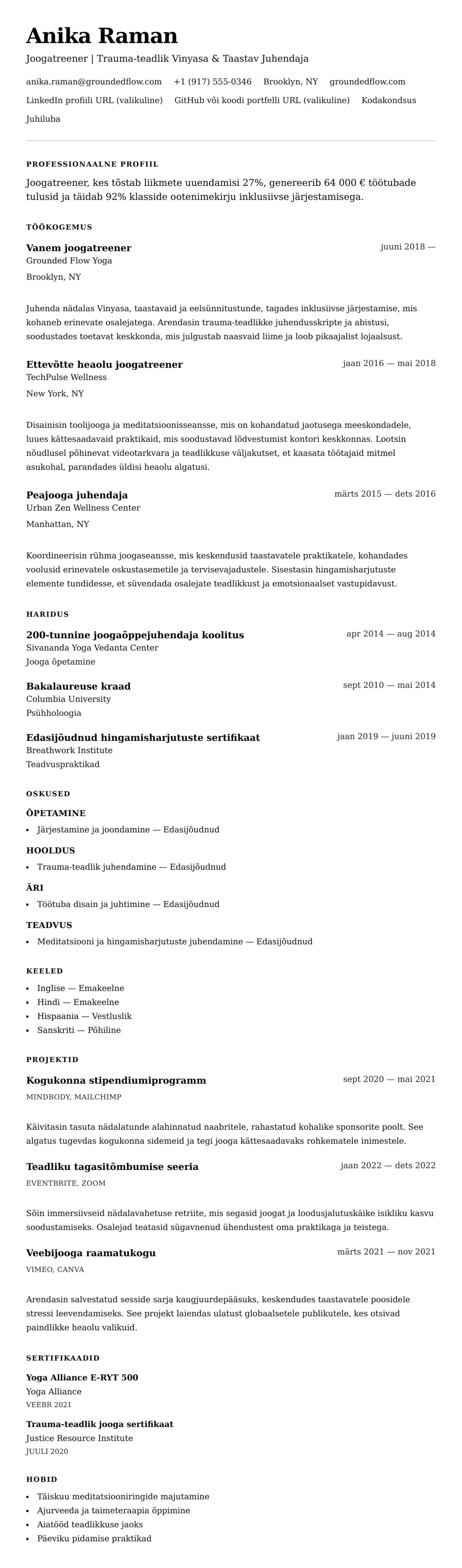 CV eelvaade Joogatreeneri CV näide jaoks