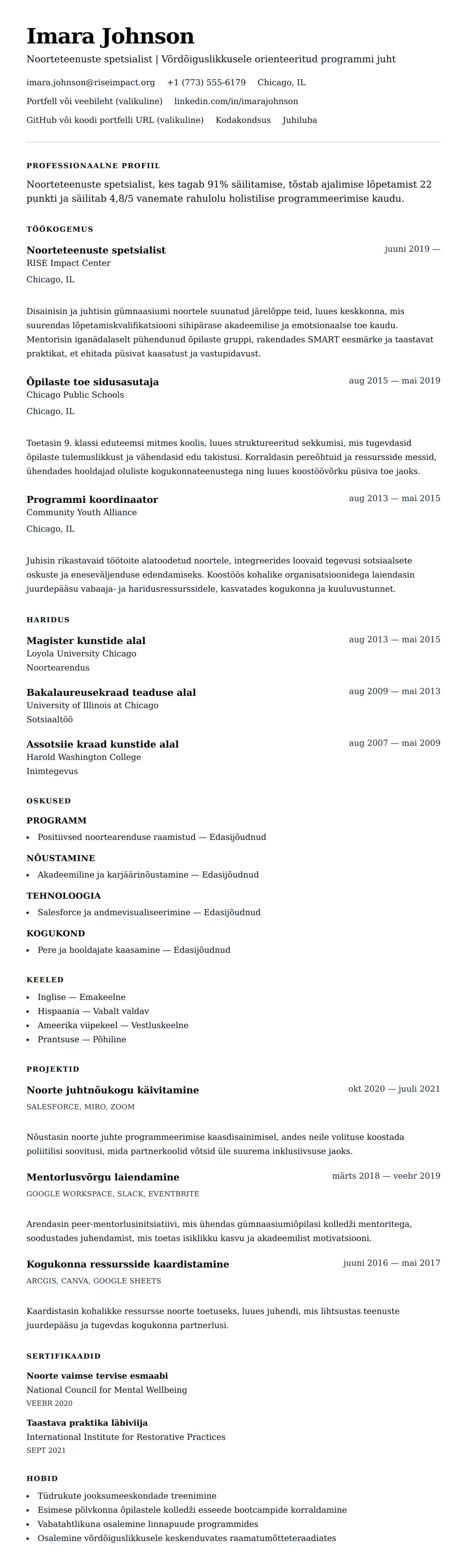 CV eelvaade Noorteteenuste spetsialisti CV näidis jaoks