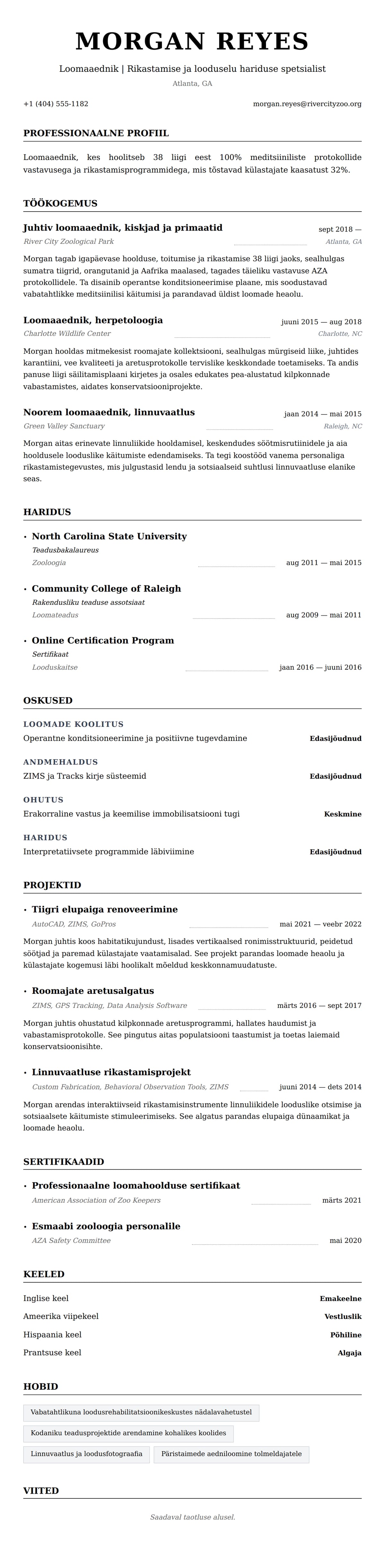 CV eelvaade Loomaaedniku CV näide jaoks