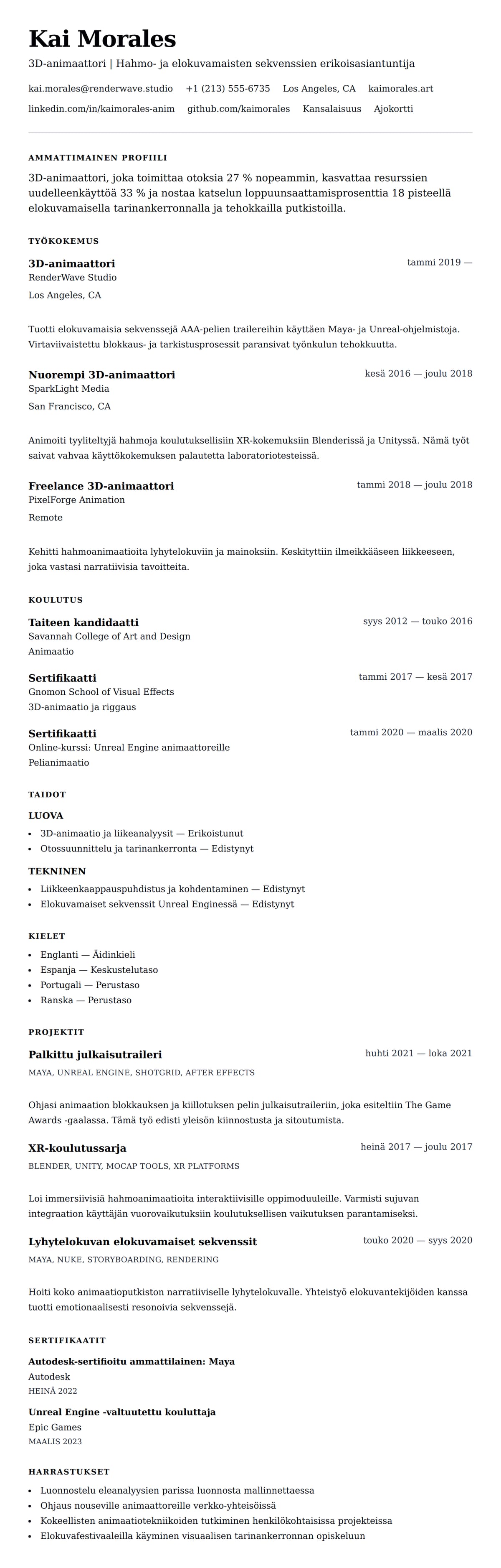 Ansioluetteloesikatselu kohteelle 3D-animaattorin CV-esimerkki