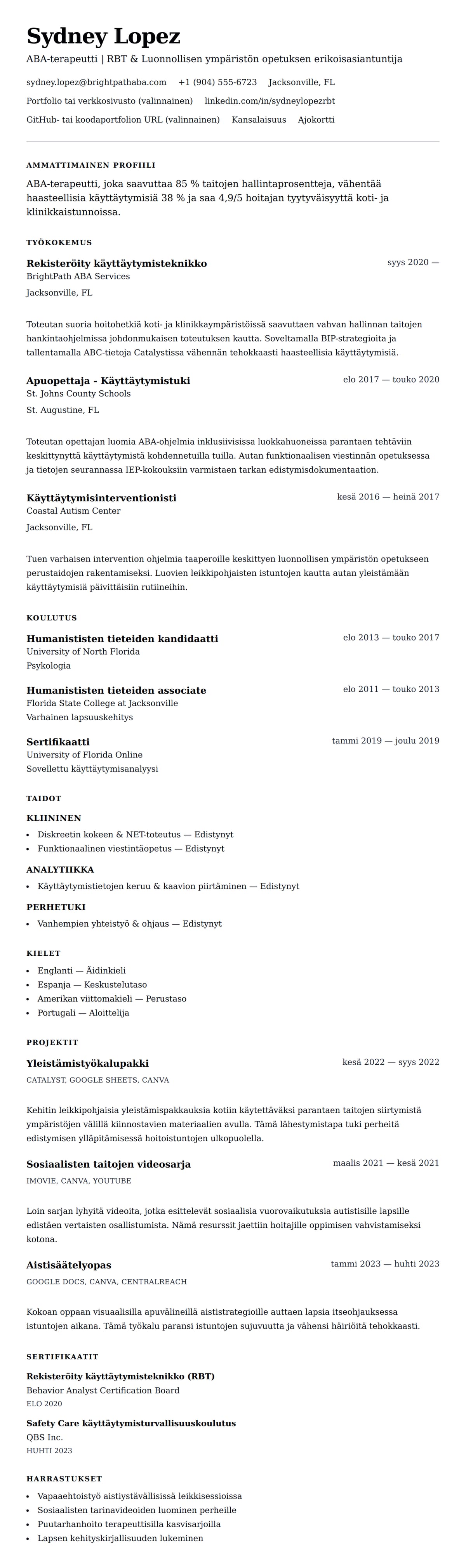 Ansioluetteloesikatselu kohteelle ABA-terapeutin ansioluetteloesimerkki