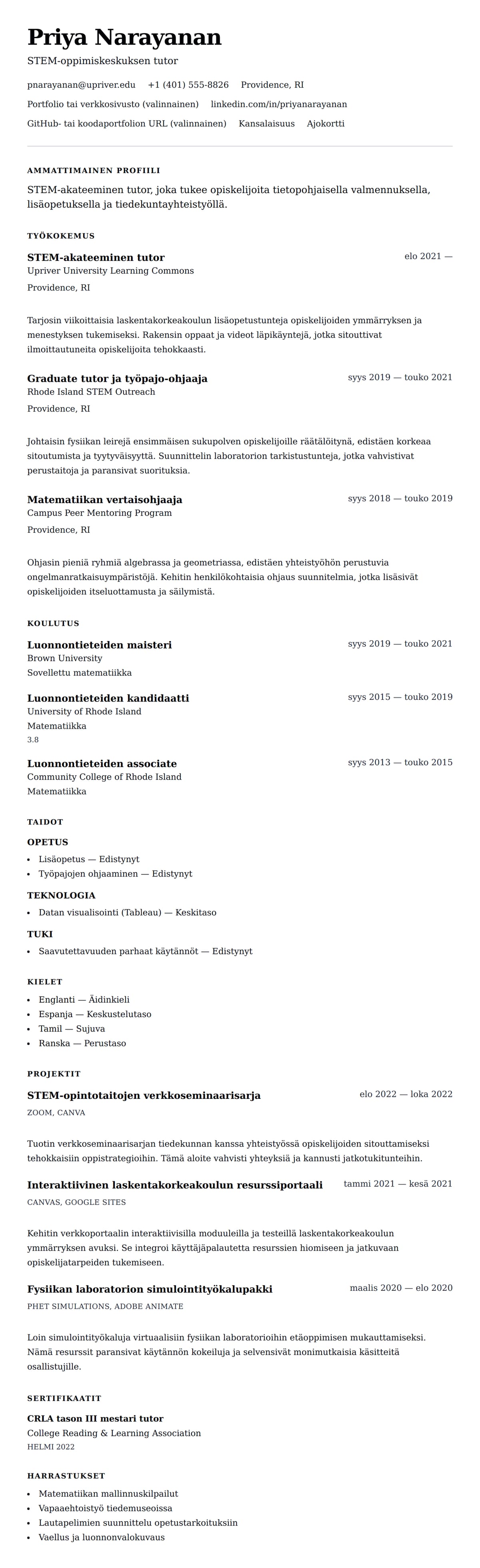 Ansioluetteloesikatselu kohteelle Akateemisen tutorin ansioluetteloesimerkki