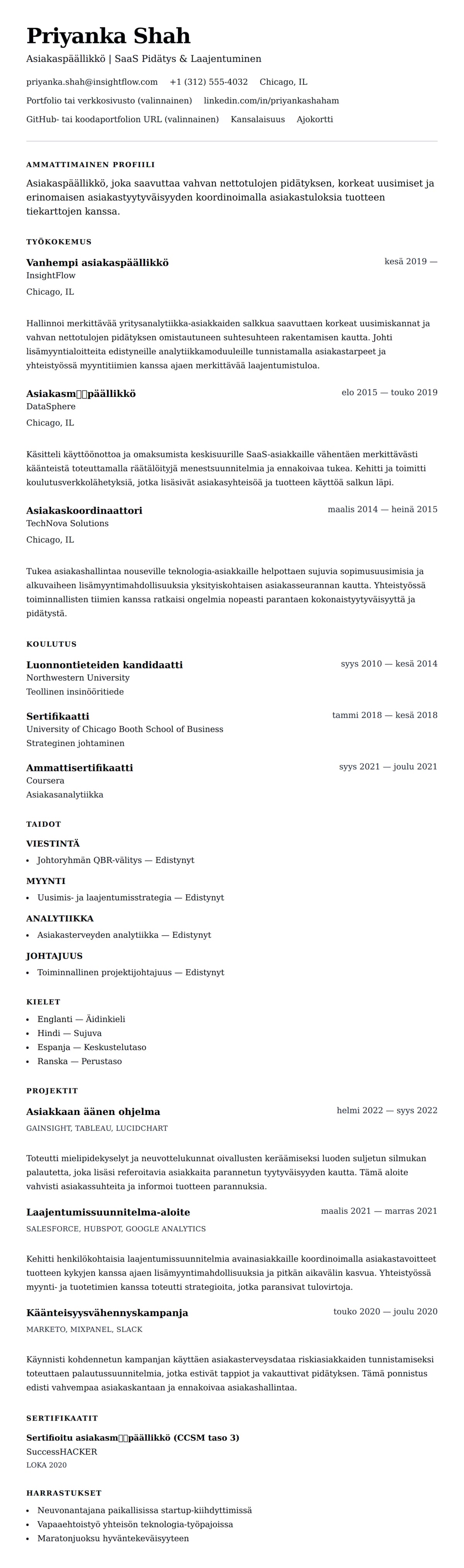 Ansioluetteloesikatselu kohteelle Asiakaspäällikön CV-esimerkki