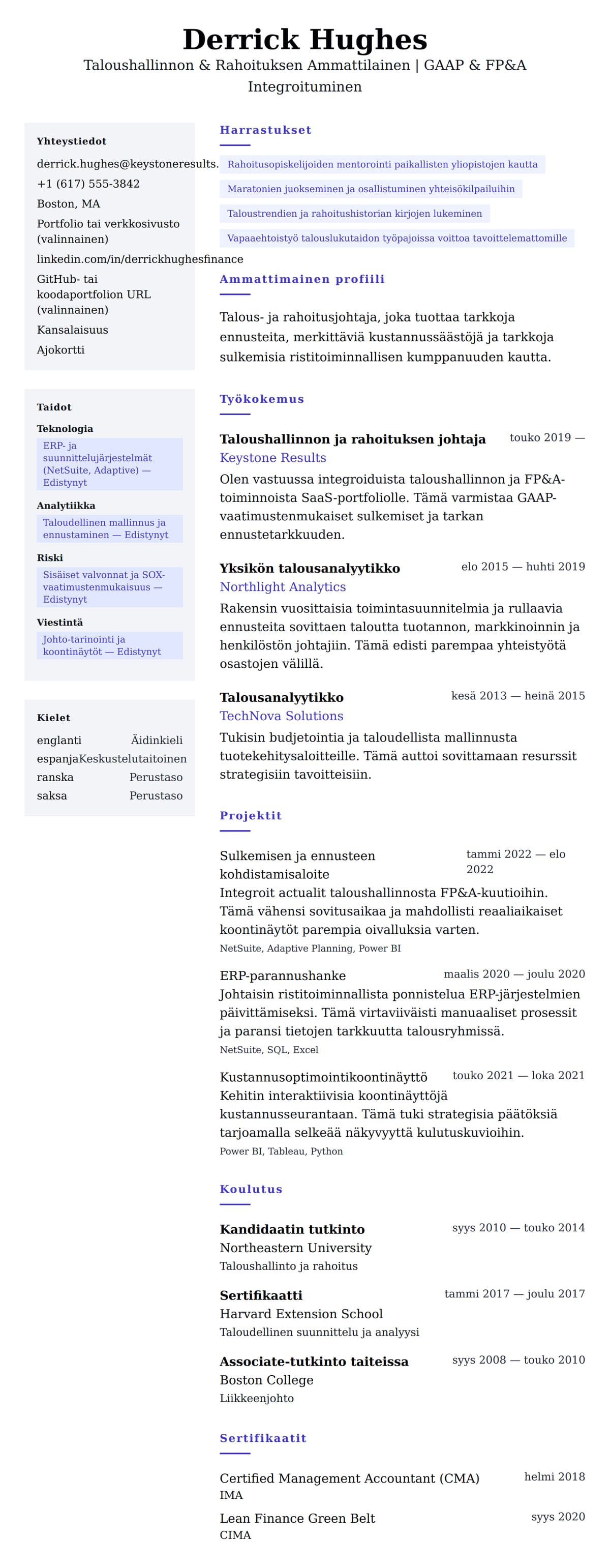 Ansioluetteloesikatselu kohteelle Talous- ja rahoitusammattilaisen ansioluetteloesimerkki