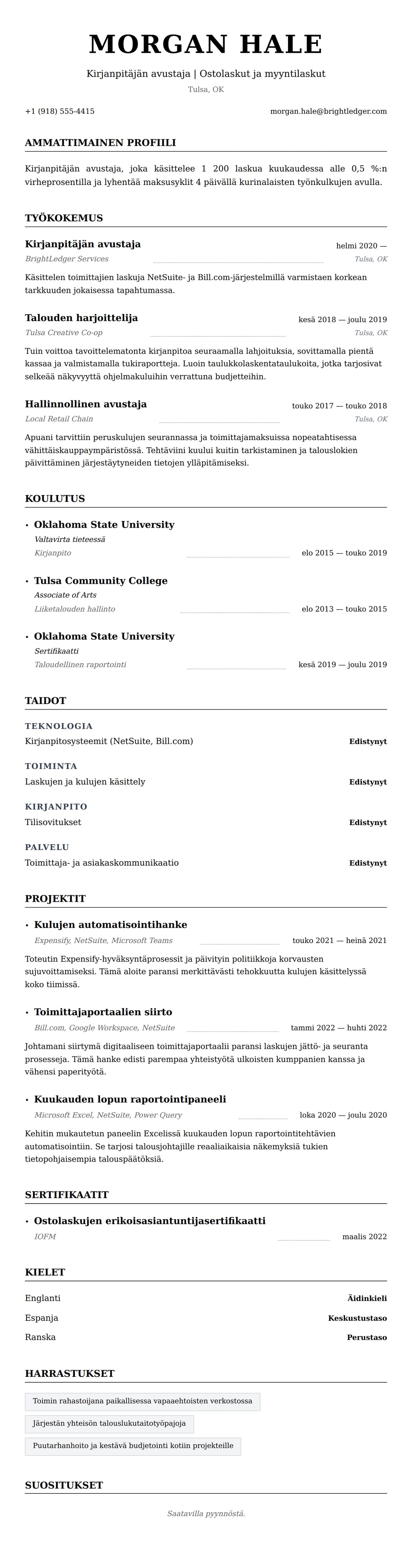 Ansioluetteloesikatselu kohteelle Kirjanpitäjän avustajan ansioluettelon esimerkki