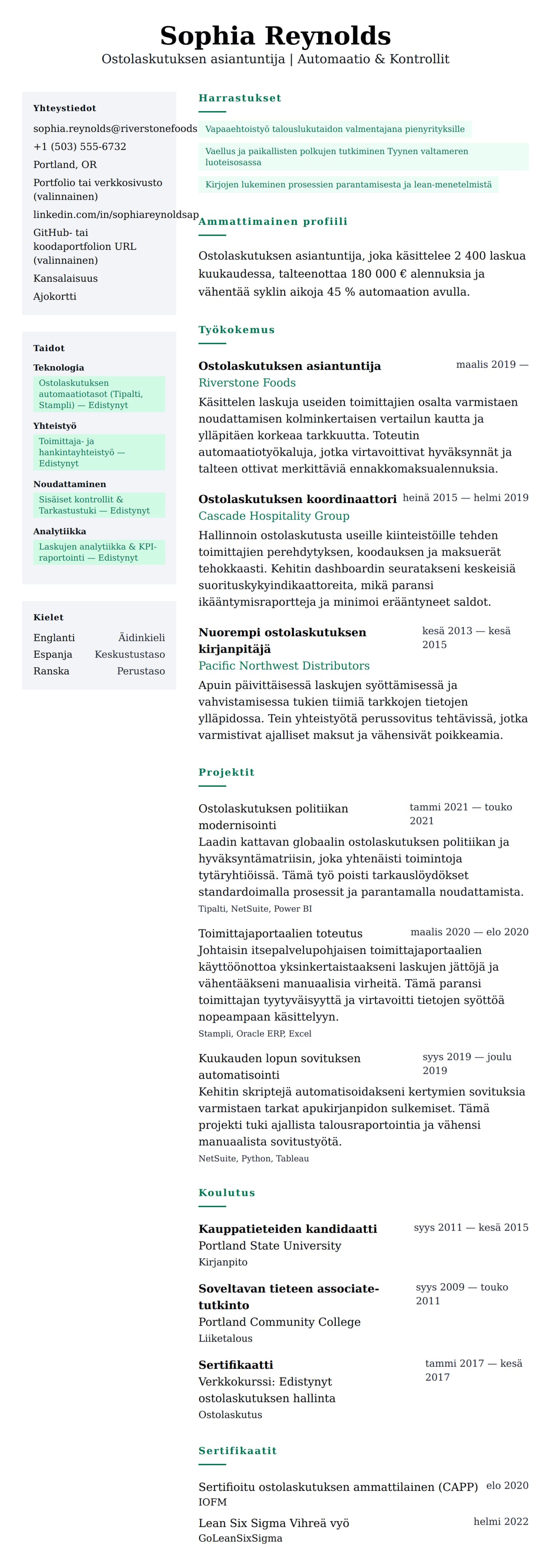Ansioluetteloesikatselu kohteelle Ostolaskutuksen asiantuntijan ansioluetteloesimerkki