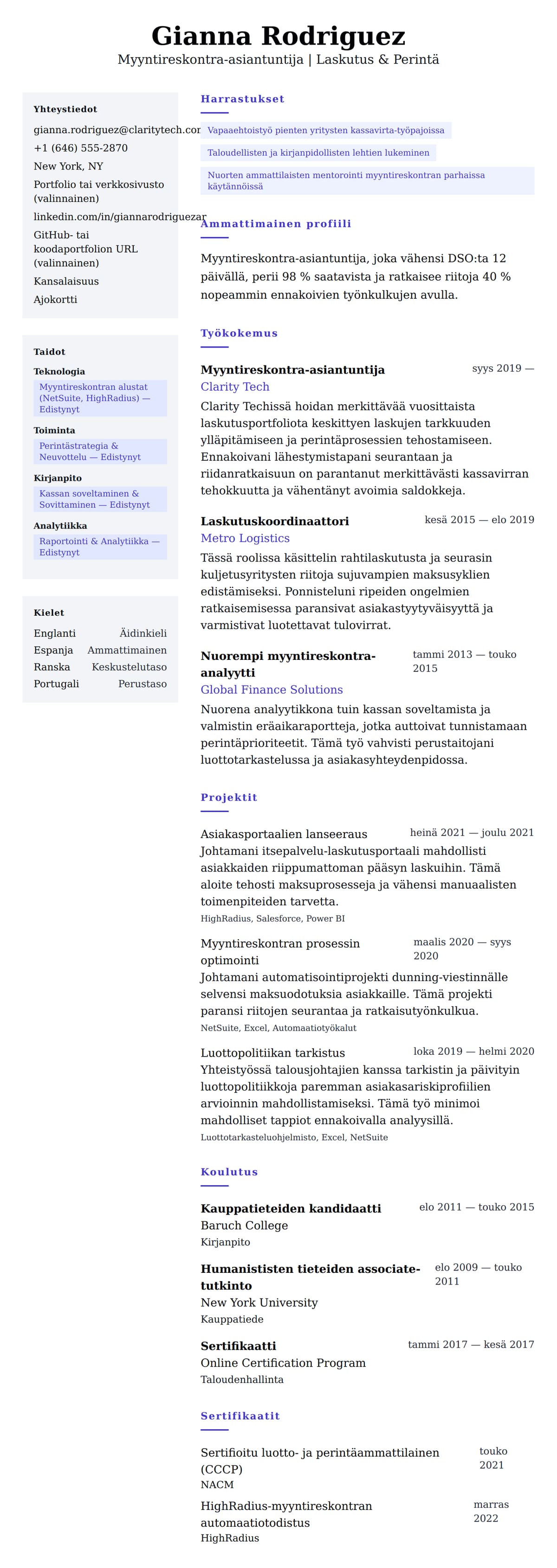 Ansioluetteloesikatselu kohteelle Myyntireskontra-asiantuntijan ansioluettelo-esimerkki