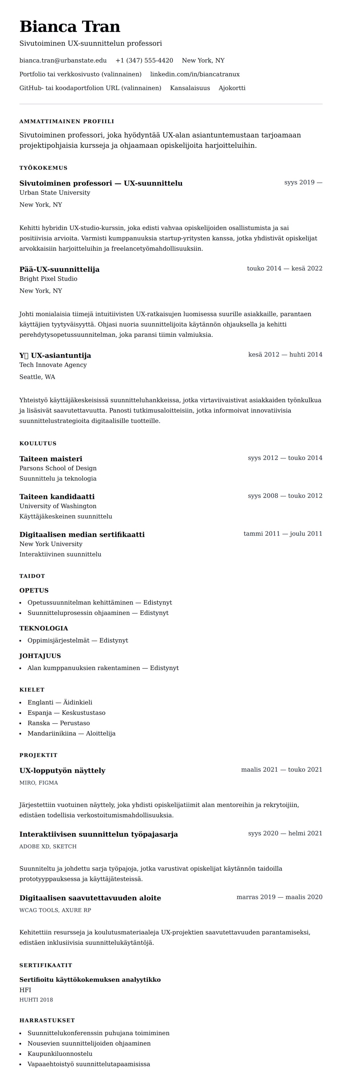 Ansioluetteloesikatselu kohteelle Sivutoiminen professori CV-esimerkki