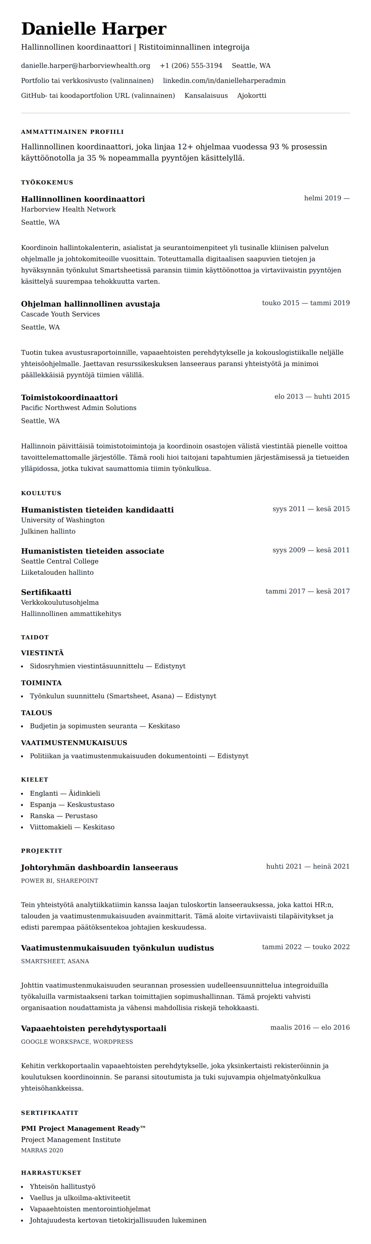Ansioluetteloesikatselu kohteelle Hallinnollinen koordinaattori CV-esimerkki