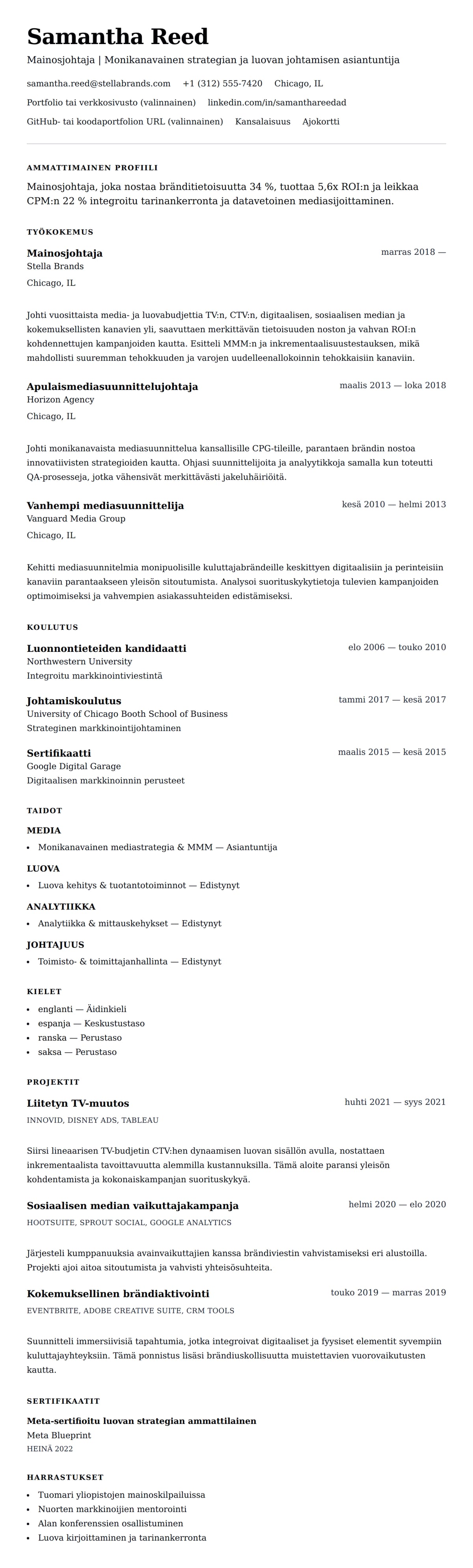 Ansioluetteloesikatselu kohteelle Mainosjohtajan CV-esimerkki
