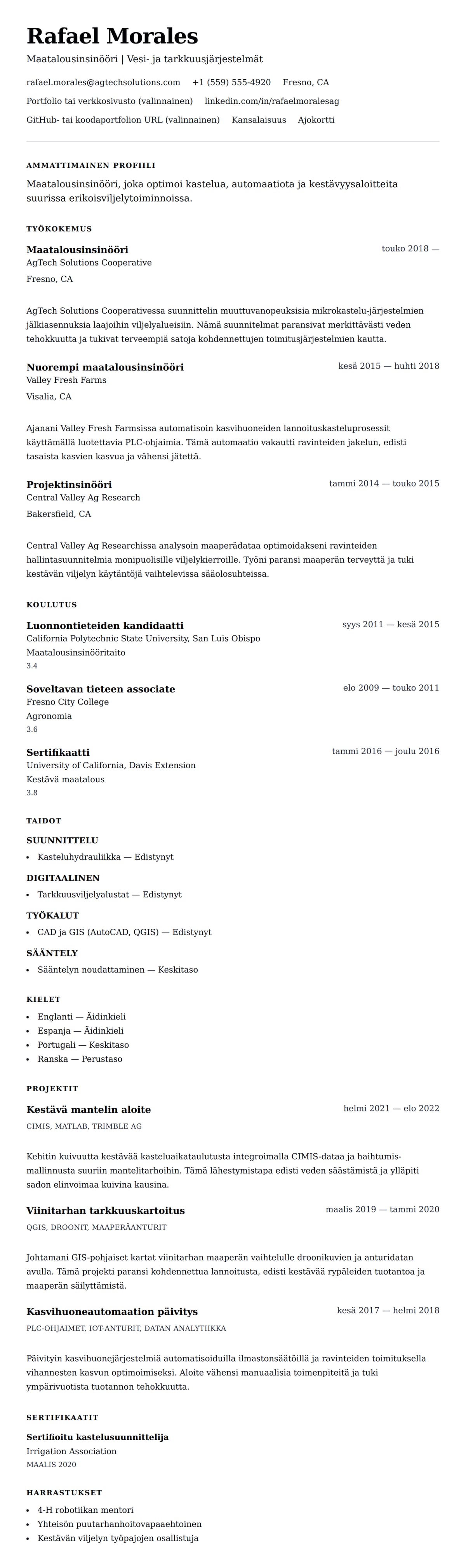 Ansioluetteloesikatselu kohteelle Maatalousinsinöörin ansioluetteloesimerkki