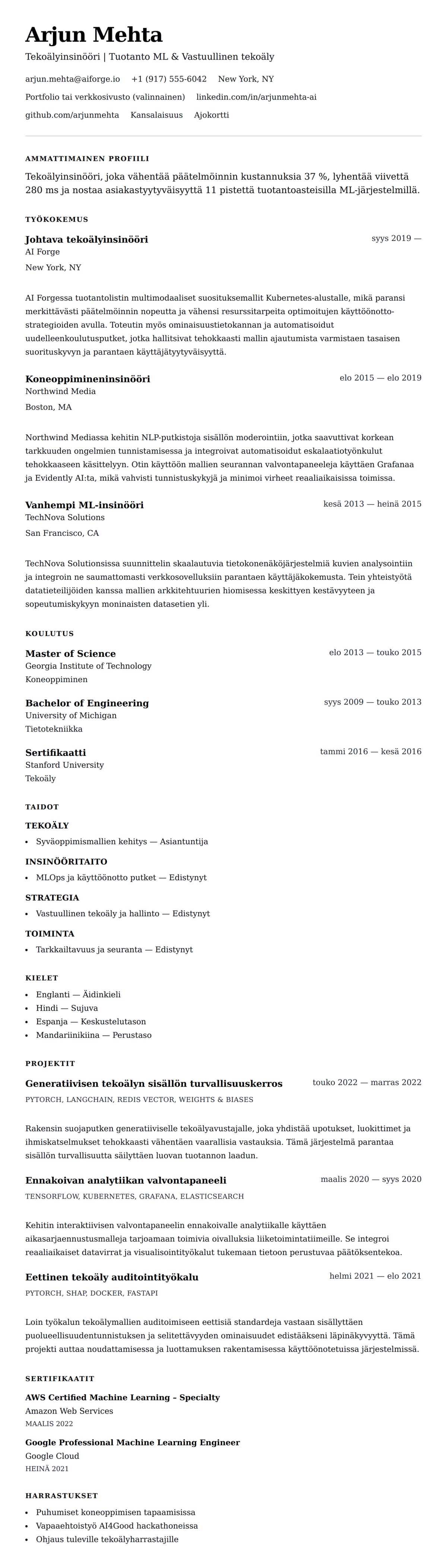 Ansioluetteloesikatselu kohteelle Tekoälyinsinöörin ansioluetteloesimerkki