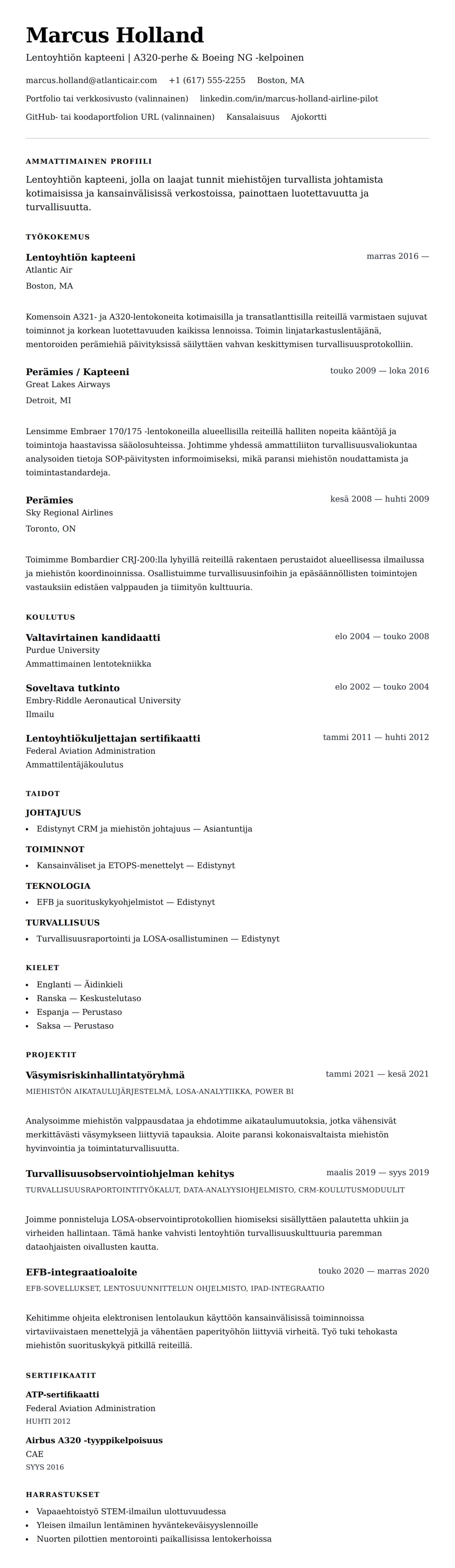 Ansioluetteloesikatselu kohteelle Lentoyhtiön kapteenin ansioluetteloesimerkki