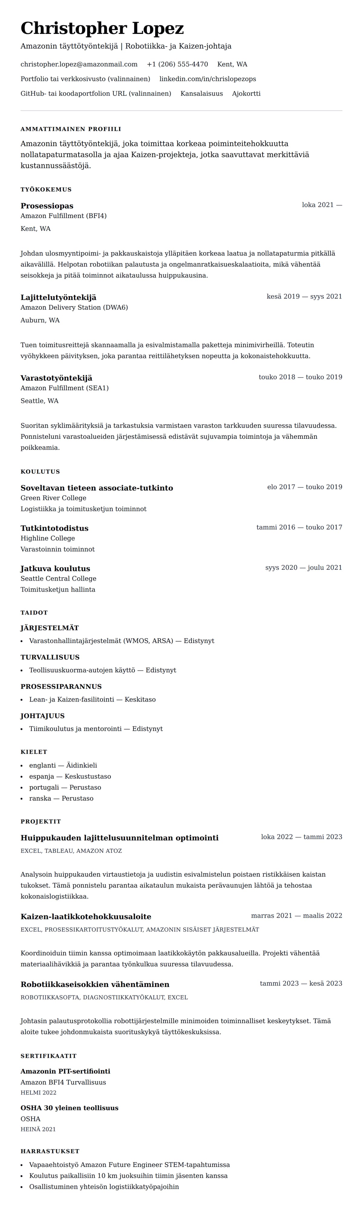 Ansioluetteloesikatselu kohteelle Amazonin työntekijän ansioluettelon esimerkki