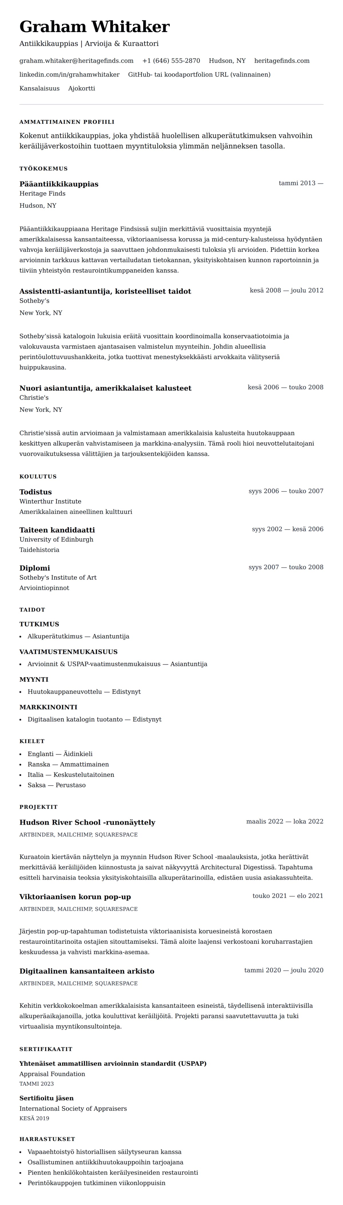 Ansioluetteloesikatselu kohteelle Antiikkikauppiaan CV-esimerkki