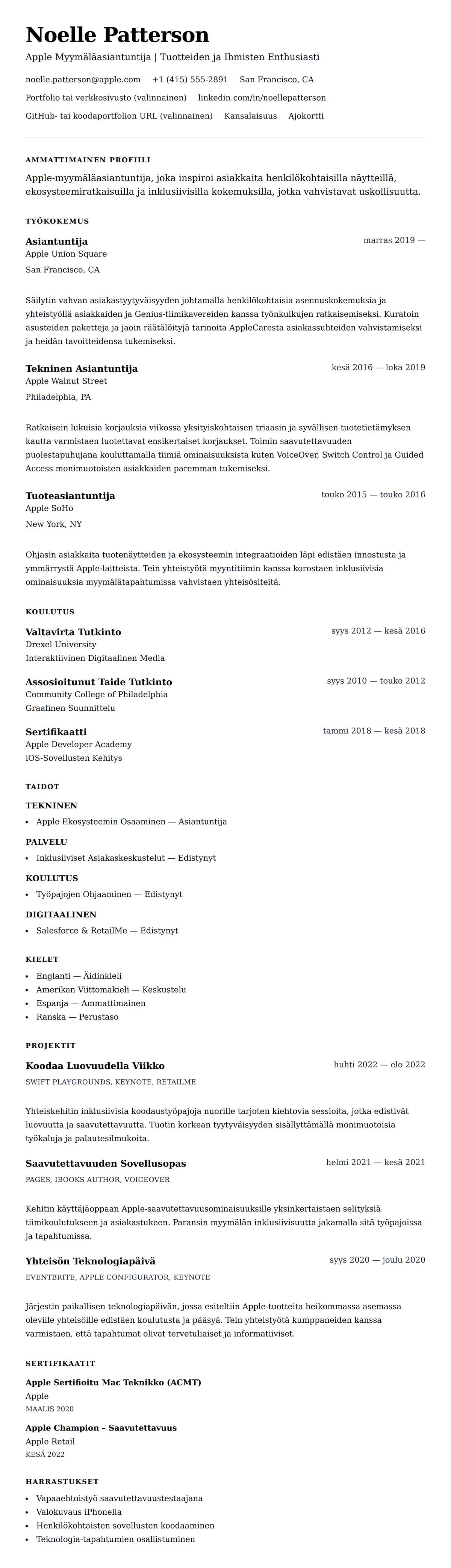 Ansioluetteloesikatselu kohteelle Apple Myymäläasiantuntijan CV-esimerkki