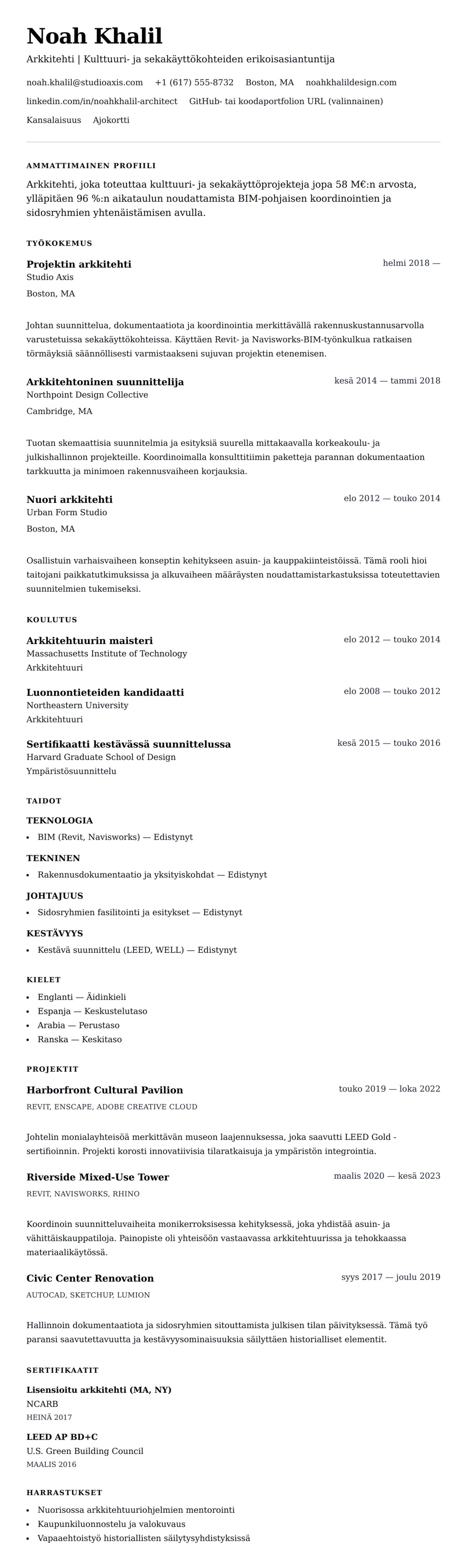 Ansioluetteloesikatselu kohteelle Arkkitehdin ansioluettelo-esimerkki