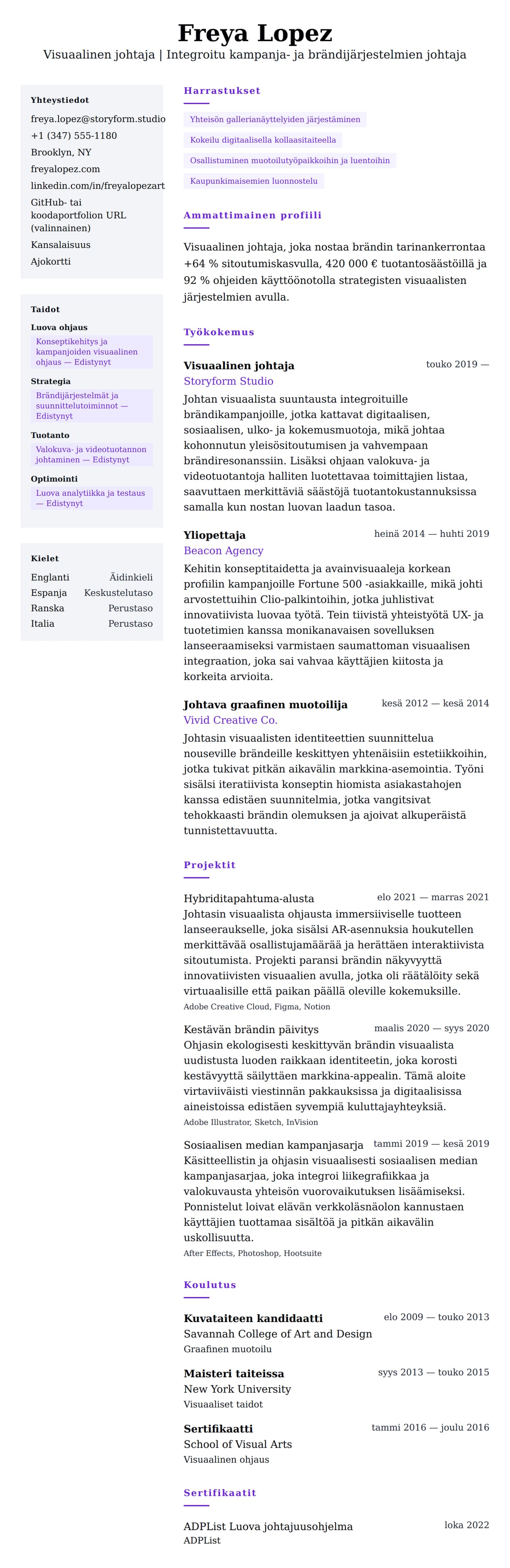 Ansioluetteloesikatselu kohteelle Esimerkki visuaalisen johtajan ansioluettelosta