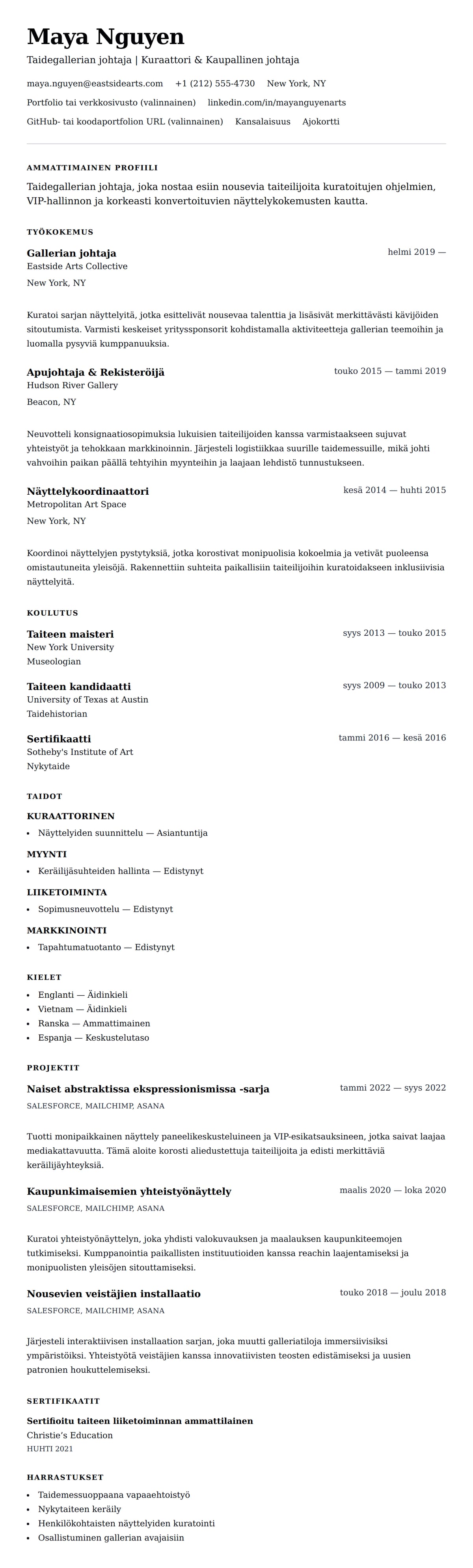 Ansioluetteloesikatselu kohteelle Taidegallerian johtajan ansioluetteloesimerkki