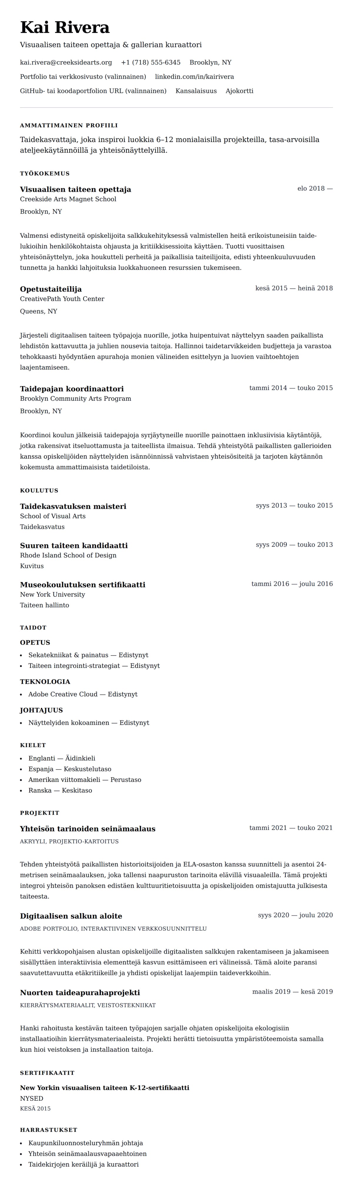 Ansioluetteloesikatselu kohteelle Taideopettajan ansioluetteloesimerkki