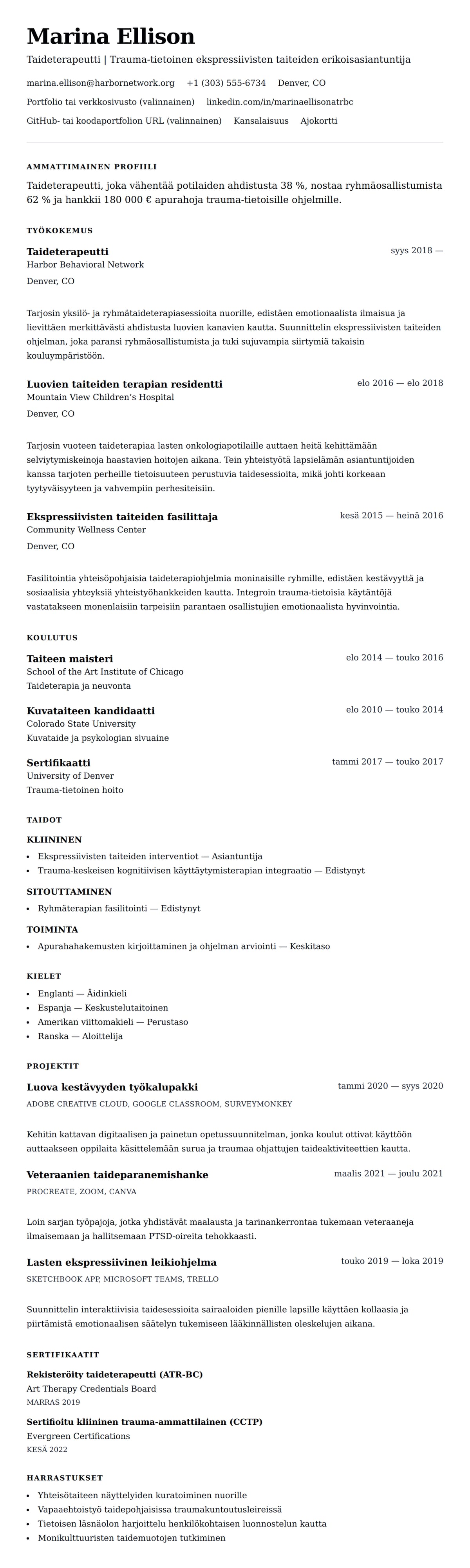 Ansioluetteloesikatselu kohteelle Taideterapeutin CV-esimerkki