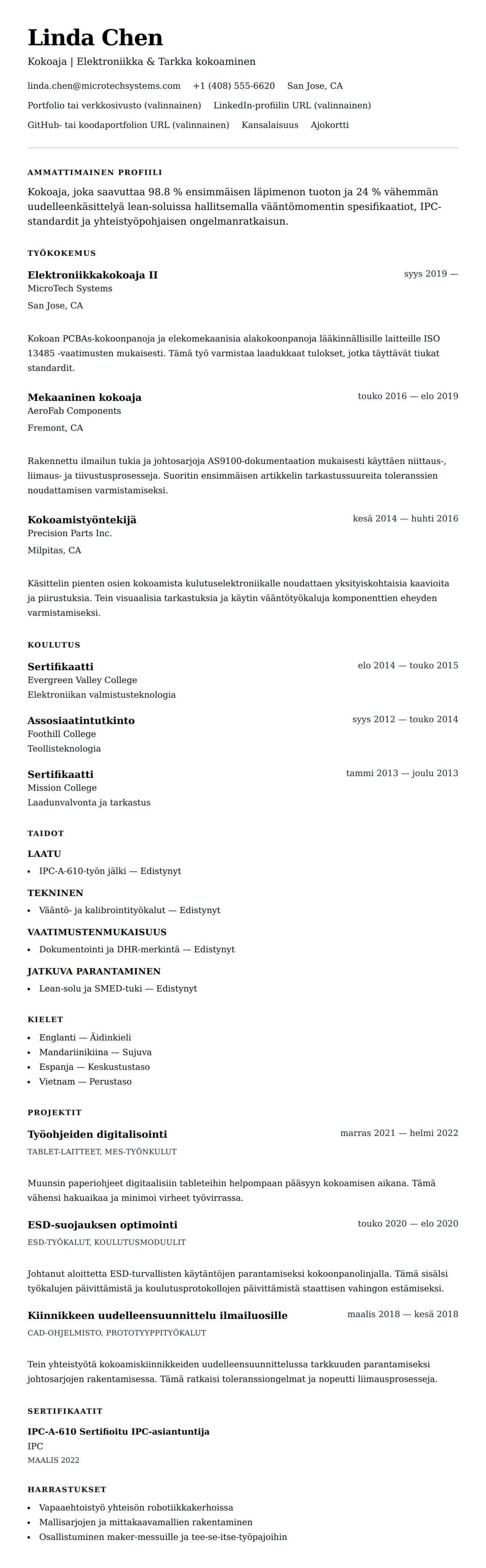 Ansioluetteloesikatselu kohteelle Kokoajan ansioluettelo-esimerkki