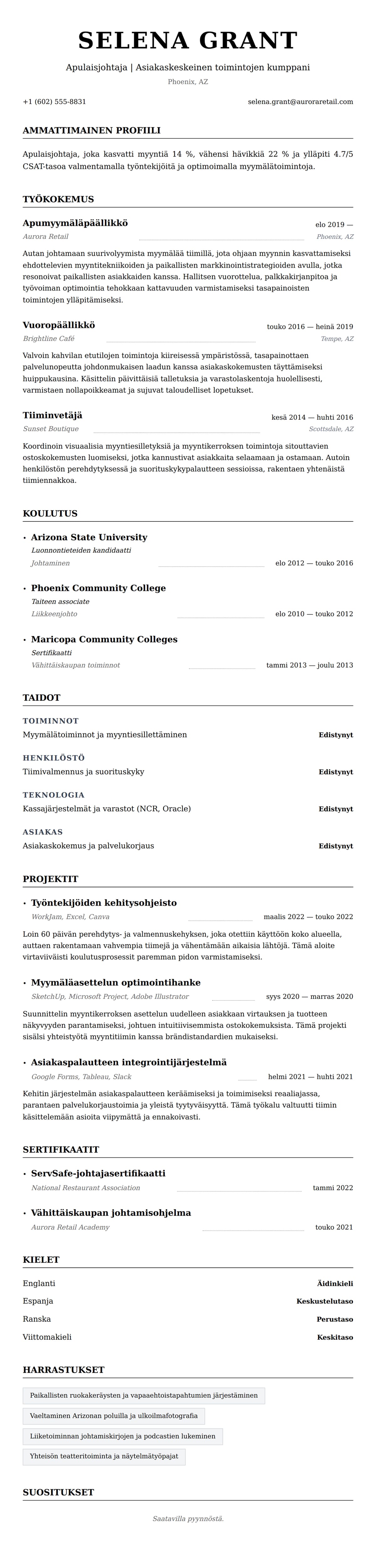 Ansioluetteloesikatselu kohteelle Apulaisjohtajan ansioluetteloesimerkki