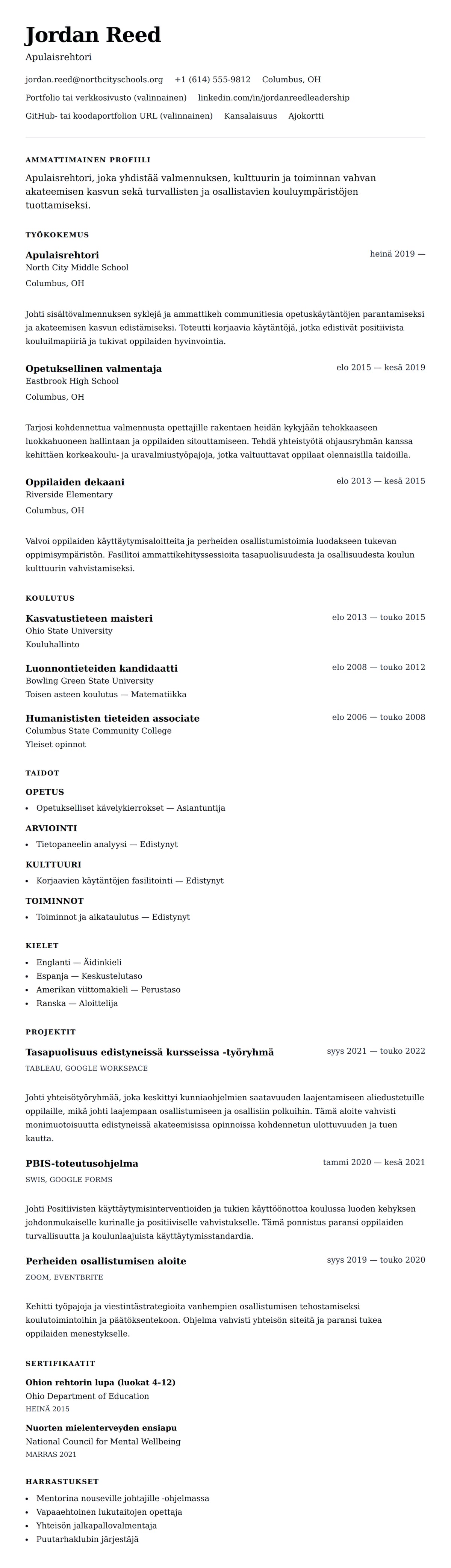 Ansioluetteloesikatselu kohteelle Apulaisrehtorin ansioluettelon esimerkki