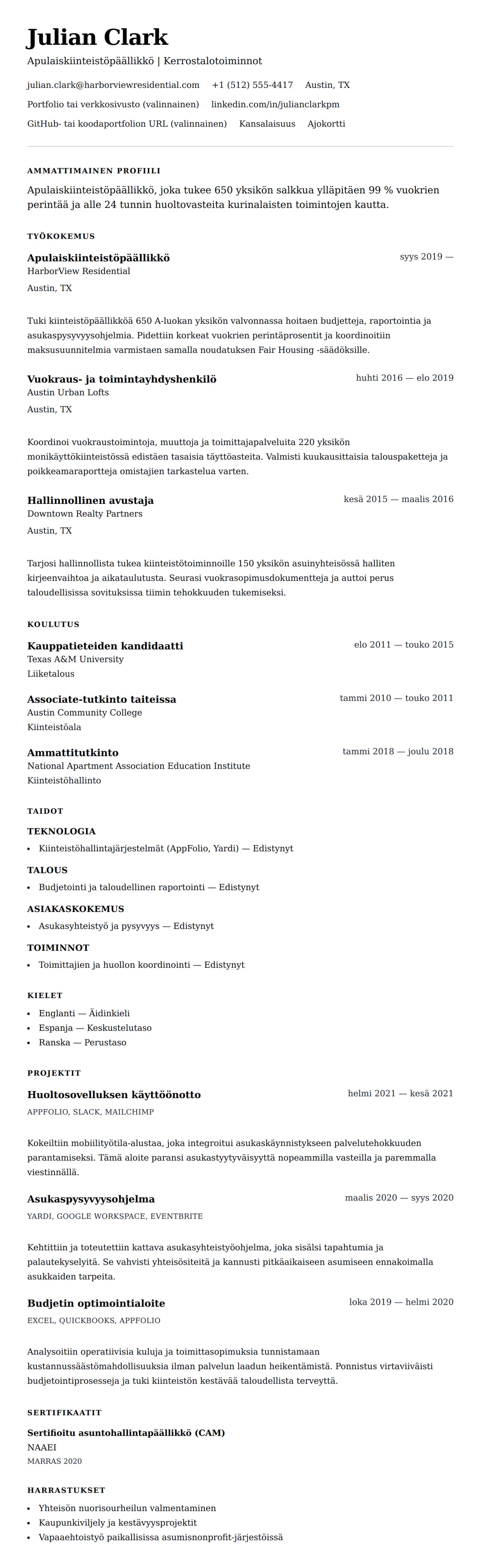 Ansioluetteloesikatselu kohteelle Apulaiskiinteistöpäällikkö CV-esimerkki