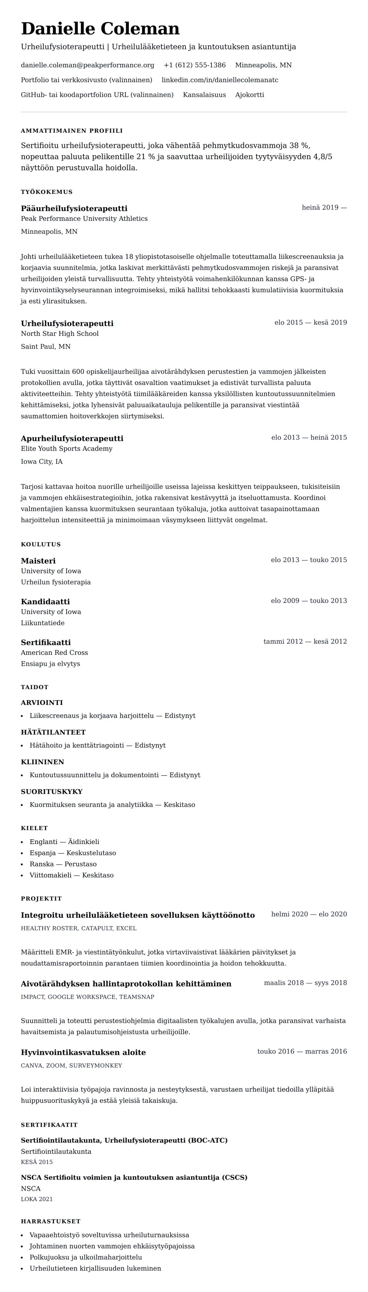 Ansioluetteloesikatselu kohteelle Urheilufysioterapeutin ansioluettelo-esimerkki