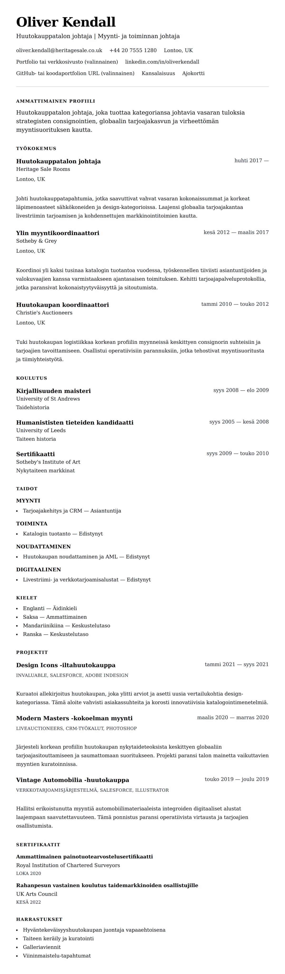 Ansioluetteloesikatselu kohteelle Huutokauppatalon johtajan CV-esimerkki